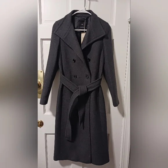 MNG Mango *Committed* Belted Double Breasted Wool Coat, Drk Gray Sz XXS NWT - Picture 1 of 15